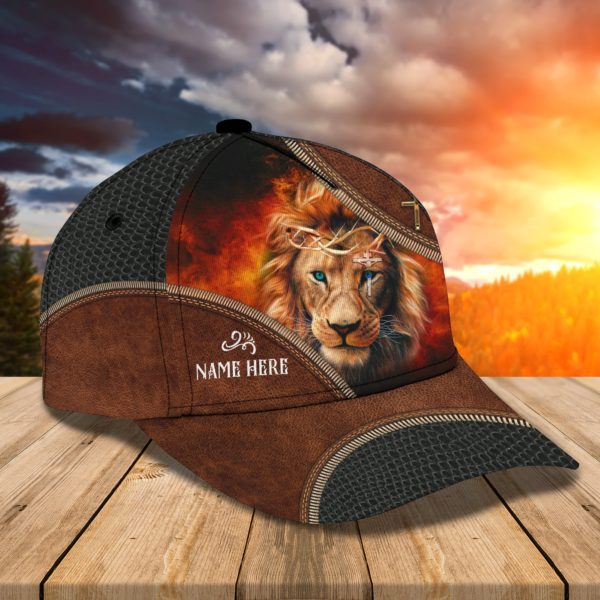 Custom Name Jesus Lion Leather All Over Printed 3D Cap Product Photo