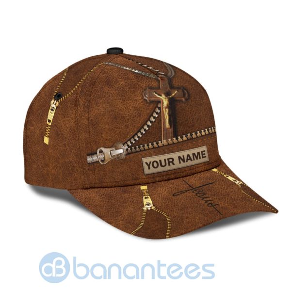 Custom Name Jesus On Cross Zipper Leather Full Printed 3D Cap Product Photo