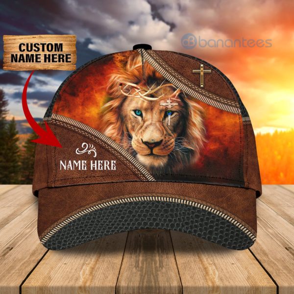 Custom Name Lion And Cross Zipper Leather Full Printed 3D Cap Product Photo