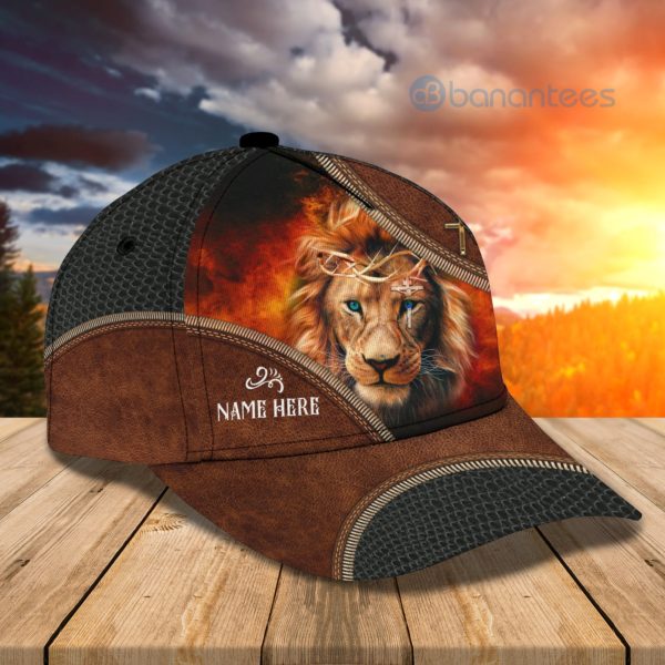 Custom Name Lion And Cross Zipper Leather Full Printed 3D Cap Product Photo
