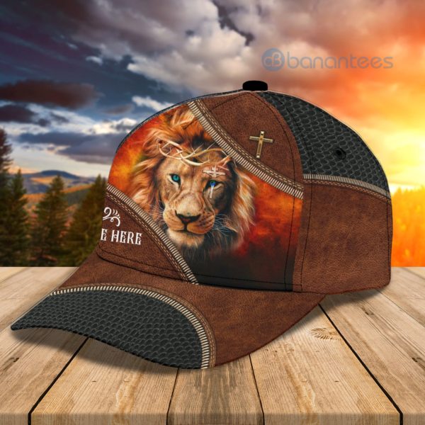 Custom Name Lion And Cross Zipper Leather Full Printed 3D Cap Product Photo