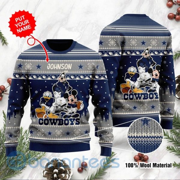 Dallas Cowboys Disney Donald Duck Mickey Mouse Goofy Custom Name Christmas 3D Sweater Product Photo