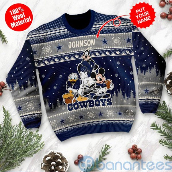 Dallas Cowboys Disney Donald Duck Mickey Mouse Goofy Custom Name Christmas 3D Sweater Product Photo