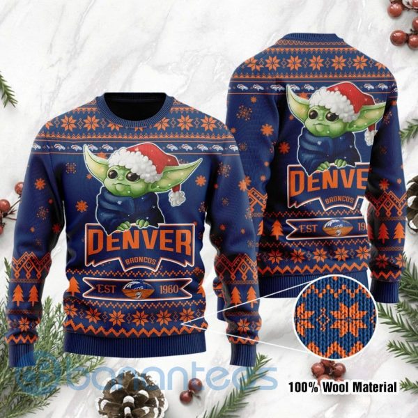 Denver Broncos Cute Baby Yoda Grogu Ugly Christmas 3D Sweater Product Photo