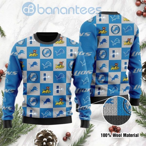 Detroit Lions Logo Checkered Flannel Design Ugly Christmas 3D Sweater Product Photo