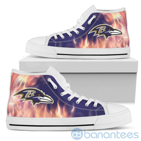 Fire And Logo Of Baltimore Ravens High Top Shoes Product Photo