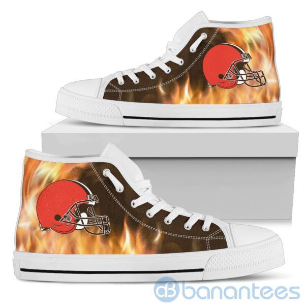Fire And Logo Of Cleveland Browns High Top Shoes Product Photo