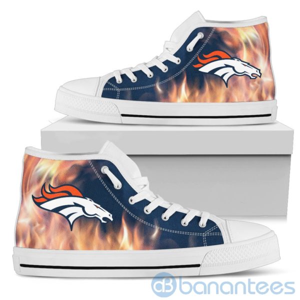 Fire And Logo Of Denver Broncos High Top Shoes Product Photo