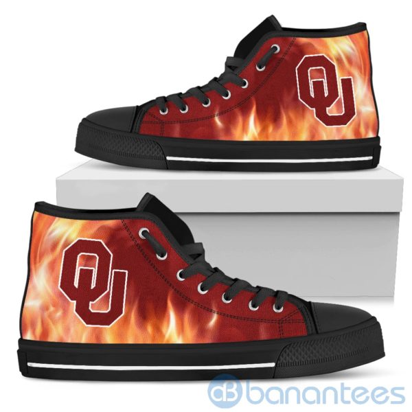 Fire And Logo Of Oklahoma Sooners High Top Shoes Product Photo
