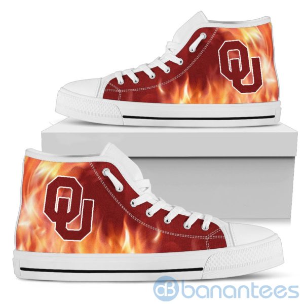 Fire And Logo Of Oklahoma Sooners High Top Shoes Product Photo