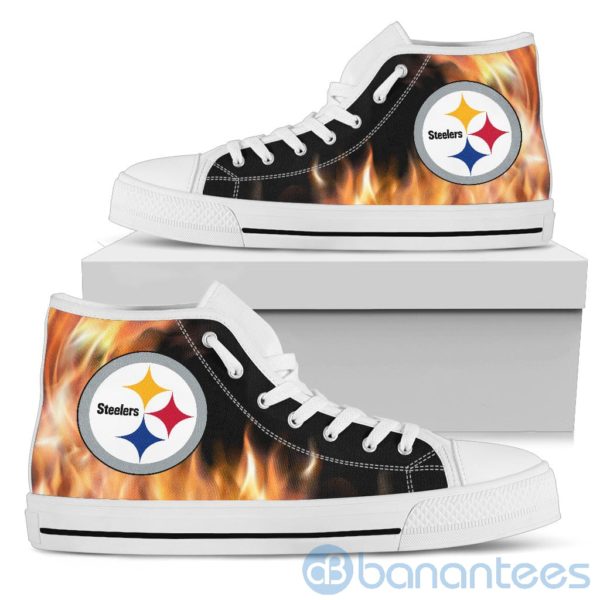 Fire And Logo Of Pittsburgh Steelers High Top Shoes Product Photo