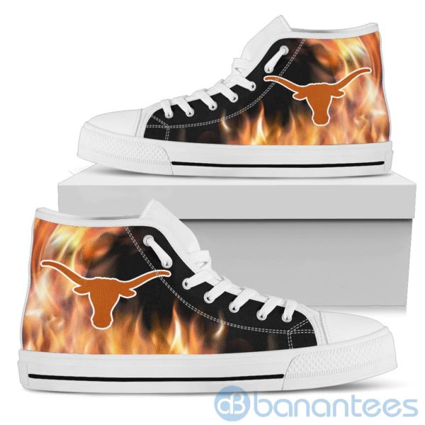 Fire And Logo Of Texas Longhorns High Top Shoes Product Photo