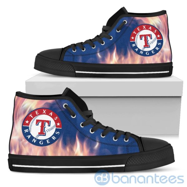 Fire And Logo Of Texas Rangers High Top Shoes Product Photo