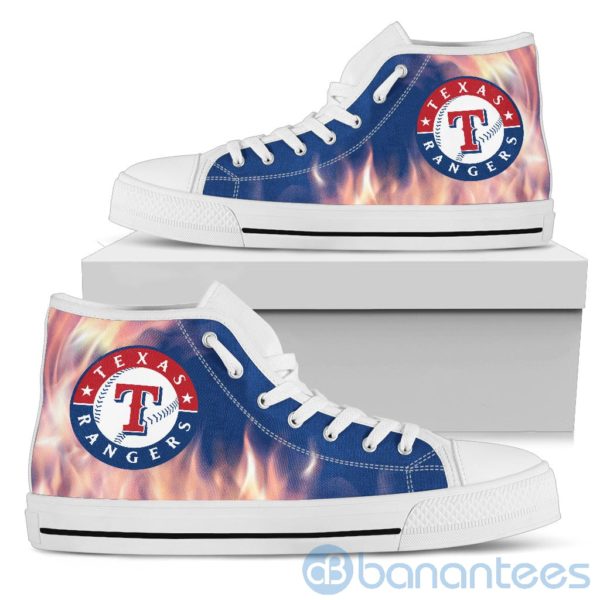 Fire And Logo Of Texas Rangers High Top Shoes Product Photo