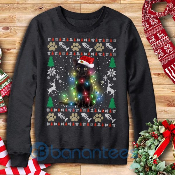 Funny Black Cat Kitten Ugly Christmas Fairy Lights Sweatshirt Product Photo
