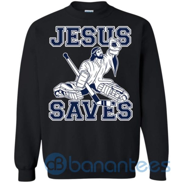 Funny Hockey Jesus Saves Goalie Sweatshirt Product Photo