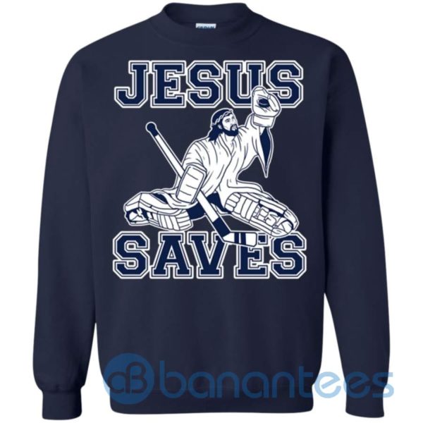 Funny Hockey Jesus Saves Goalie Sweatshirt Product Photo