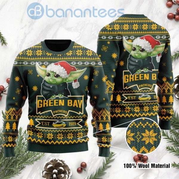 Green Bay Packers Cute Baby Yoda Grogu Ugly Christmas 3D Sweater Product Photo