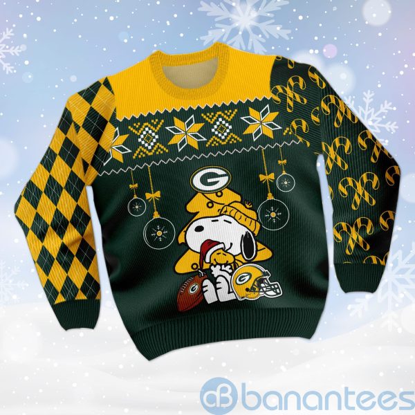 Green Bay Packers Funny Charlie Brown Peanuts Snoopy Christmas Tree Ugly Christmas 3D Sweater Product Photo