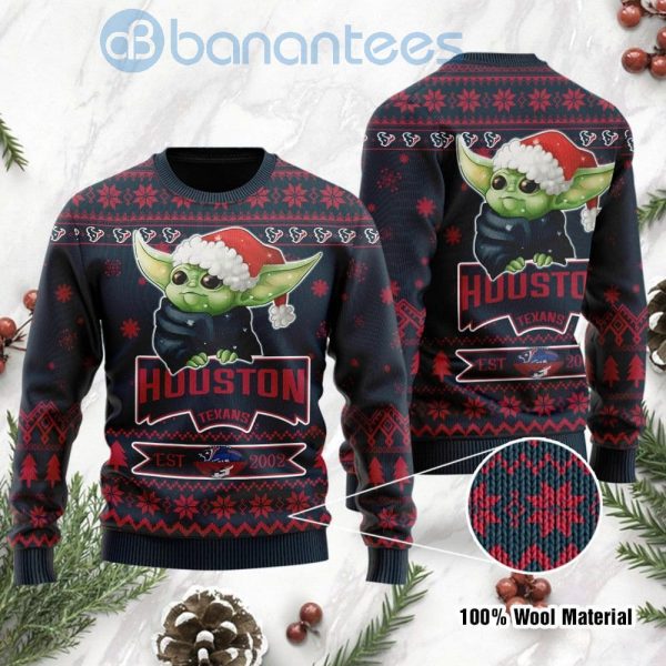 Houston Texans Cute Baby Yoda Grogu Ugly Christmas 3D Sweater Product Photo
