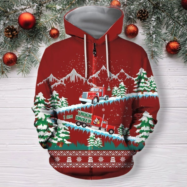 I Am Truck Driver Merry Christmas All Over Printed 3D Shirt - 3D Zip Hoodie - Red