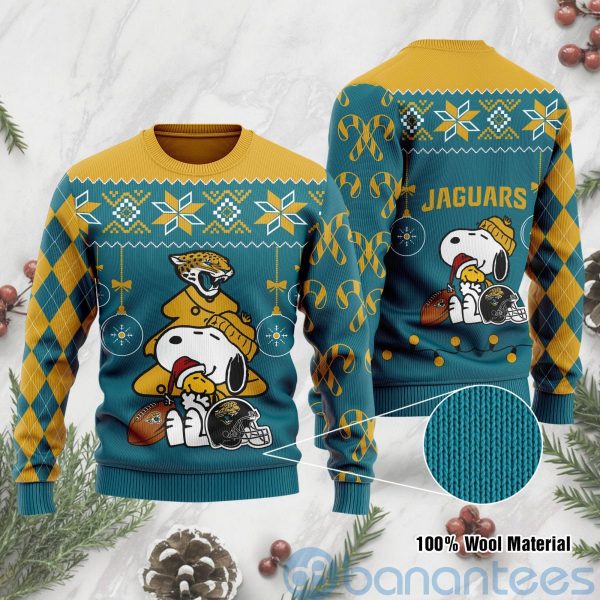 Jacksonville Jaguars Funny Charlie Brown Peanuts Snoopy Christmas Tree Ugly Christmas 3D Sweater Product Photo