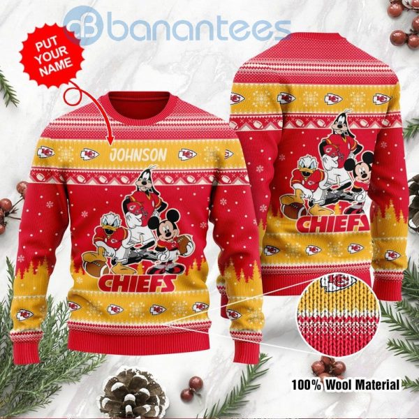 Kansas City Chiefs Disney Donald Duck Mickey Mouse Goofy Custom Name Christmas 3D Sweater Product Photo