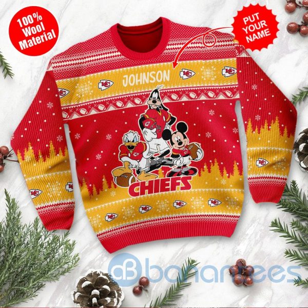 Kansas City Chiefs Disney Donald Duck Mickey Mouse Goofy Custom Name Christmas 3D Sweater Product Photo