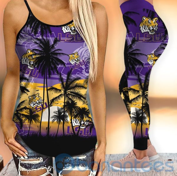 LSU Tigers Sunset Leggings And Criss Cross Tank Top For Women Product Photo