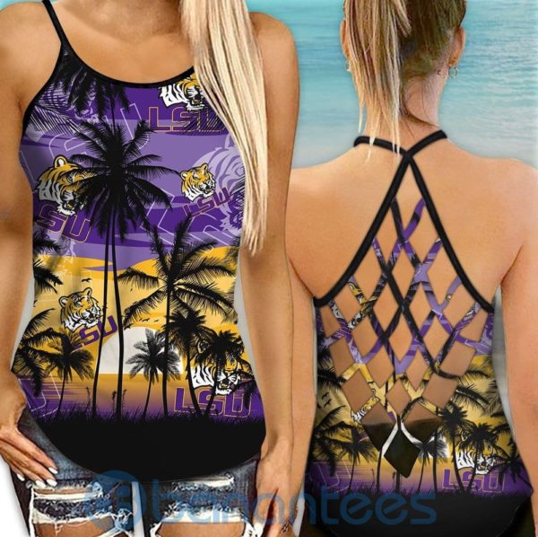 LSU Tigers Sunset Leggings And Criss Cross Tank Top For Women Product Photo