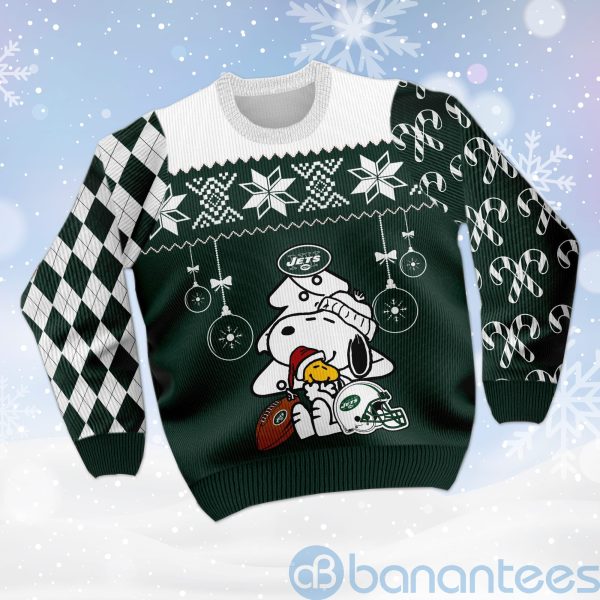 New York Jets Funny Charlie Brown Peanuts Snoopy Christmas Tree Ugly Christmas 3D Sweater Product Photo
