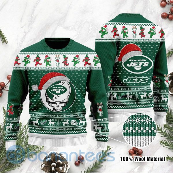 New York Jets Grateful Dead SKull And Bears Custom Name Ugly Christmas 3D Sweater Product Photo