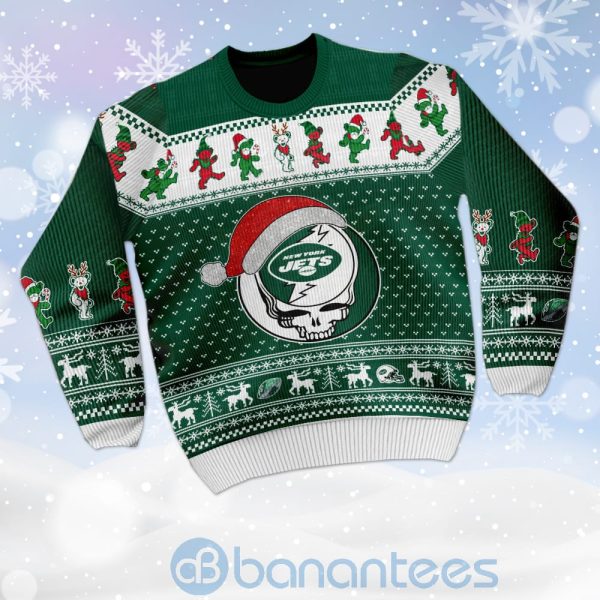 New York Jets Grateful Dead SKull And Bears Custom Name Ugly Christmas 3D Sweater Product Photo