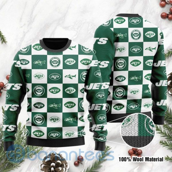 New York Jets Logo Checkered Flannel Design Ugly Christmas 3D Sweater Product Photo