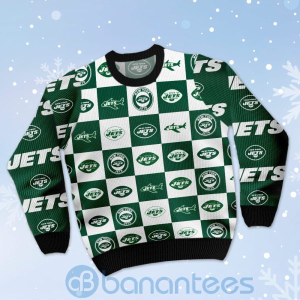 New York Jets Logo Checkered Flannel Design Ugly Christmas 3D Sweater Product Photo
