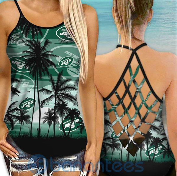New York Jets Sunset Leggings And Criss Cross Tank Top For Women Product Photo