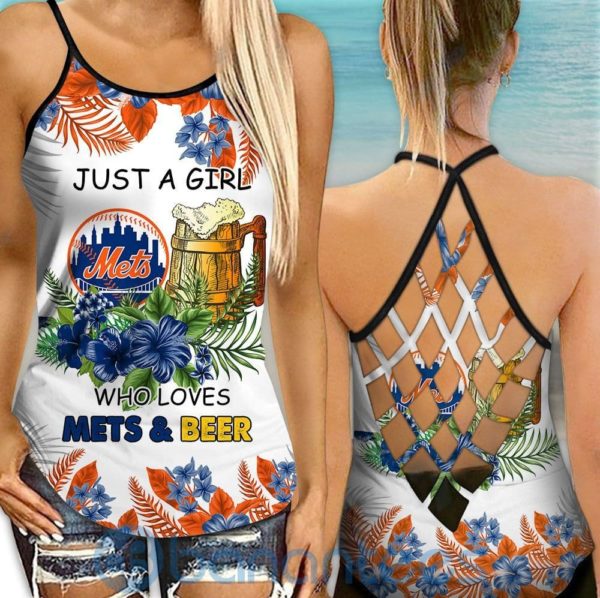 New York Mets Girl Leggings And Criss Cross Tank Top For Women Product Photo