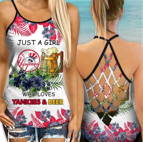 New York Yankees Girl Leggings And Criss Cross Tank Top For Women Product Photo