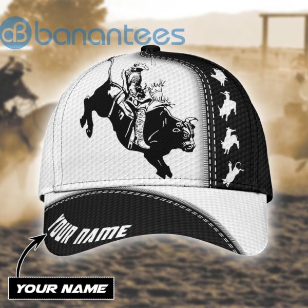 Personalized Name Black And White Bull Riding All Over Printed 3D Cap Product Photo