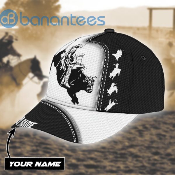 Personalized Name Black And White Bull Riding All Over Printed 3D Cap Product Photo