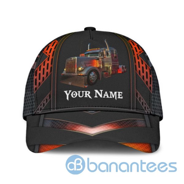Personalized Name Trucker Black And Orange All Over Printed 3D Cap Product Photo