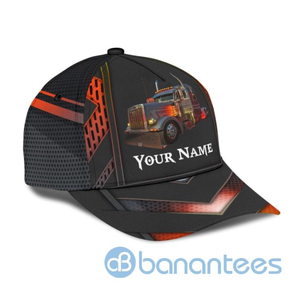 Personalized Name Trucker Black And Orange All Over Printed 3D Cap Product Photo