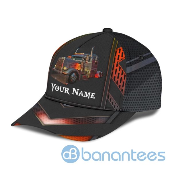 Personalized Name Trucker Black And Orange All Over Printed 3D Cap Product Photo