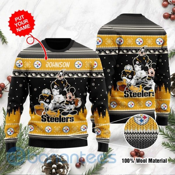 Pittsburgh Steelers Disney Donald Duck Mickey Mouse Goofy Custom Name Christmas 3D Sweater Product Photo