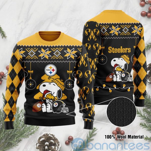 Pittsburgh Steelers Funny Charlie Brown Peanuts Snoopy Christmas Tree Ugly Christmas 3D Sweater Product Photo