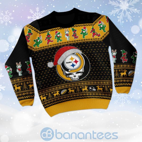 Pittsburgh Steelers Grateful Dead SKull And Bears Custom Name Ugly Christmas 3D Sweater Product Photo