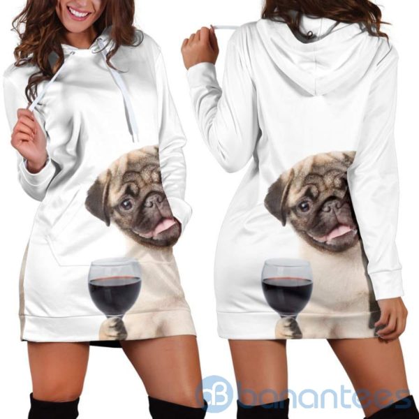 Pug With Wine Hoodie Dress For Women Product Photo