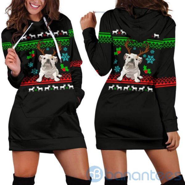 Reindeer Bulldog Christmas Hoodie Dress For Women Product Photo
