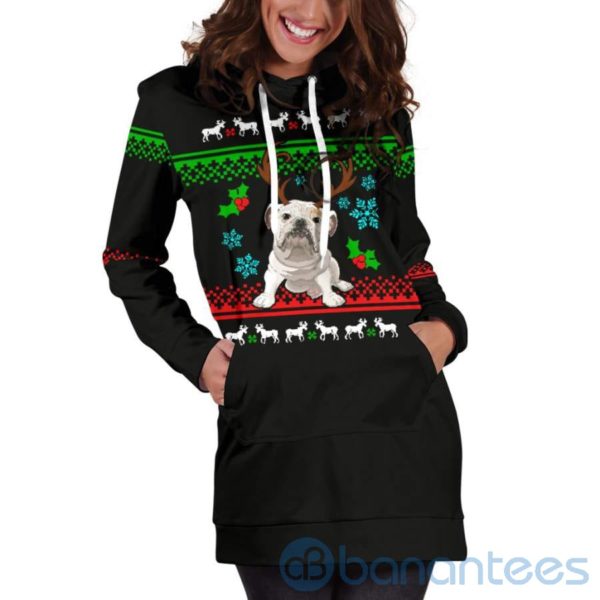 Reindeer Bulldog Christmas Hoodie Dress For Women Product Photo