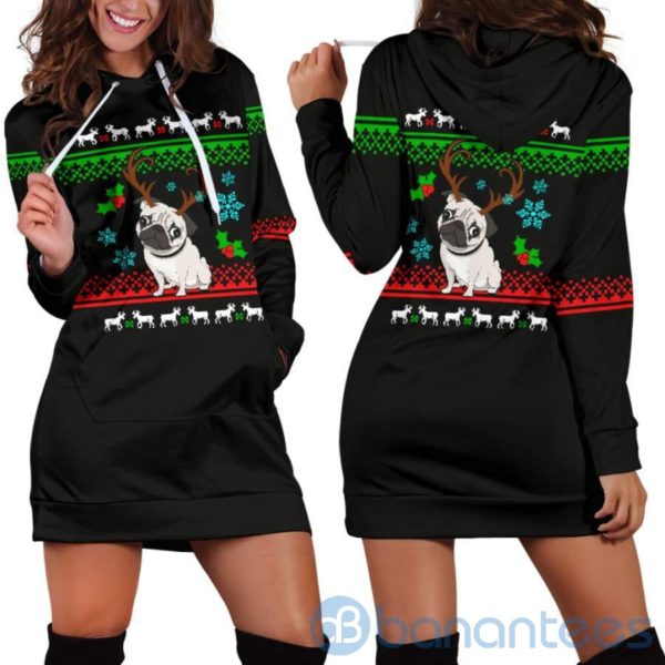 Reindeer Pug Christmas Hoodie Dress For Women Product Photo